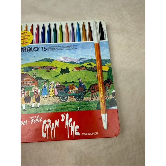 Vintage Caran d'Ache FIBRALO Fiber-Tipped Pens with Swiss Alpine Scene Metal Tin - Picture 3 of 8